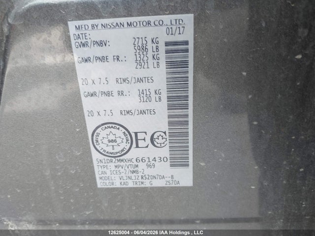 12625004 :رقم المزاد ، 5N1DR2MMXHC661430 vin ، 2017 Nissan Pathfinder مزاد بيع