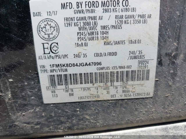 1FM5K8D84JGA47096 Ford EXPLORER XLT