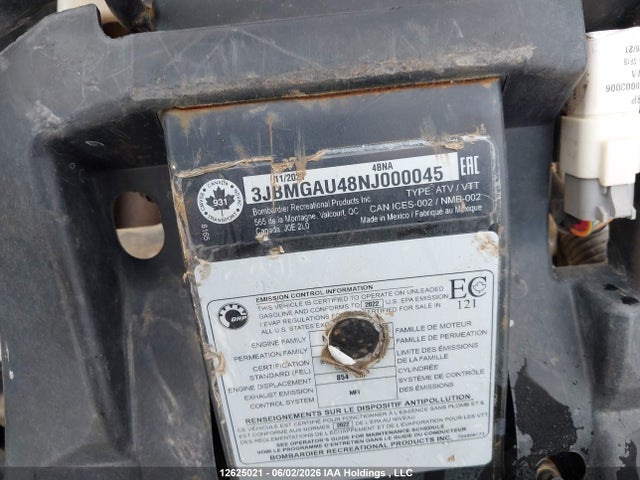 12625021 :رقم المزاد ، 3JBMGAU48NJ000045 vin ، 2022 Can-am Renegade 850 مزاد بيع