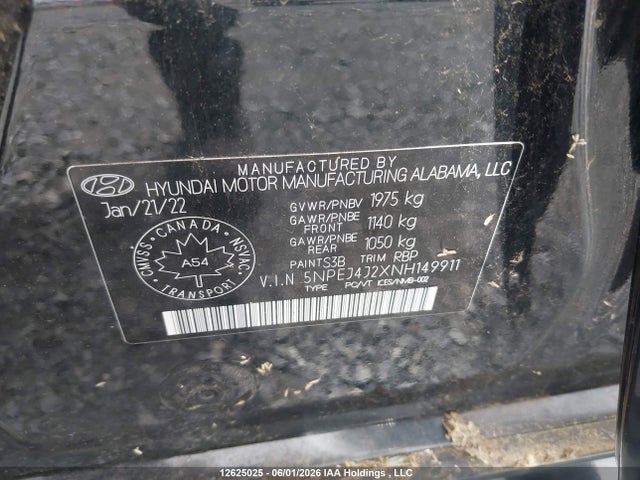 Aukcja sprzedaży 2022 Hyundai Sonata Sel Plus, vin: 5NPEJ4J2XNH149911, numer aukcji: 12625025