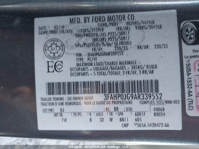Продаж на аукціоні авто 2010 Ford Fusion Sel, vin: 3FAHP0JG9AR339552, номер лоту: 12625028