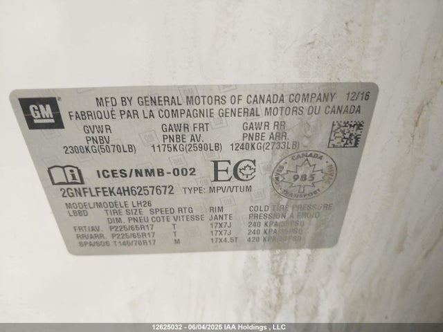 Продаж на аукціоні авто 2017 Chevrolet Equinox 1lt, vin: 2GNFLFEK4H6257672, номер лоту: 12625032