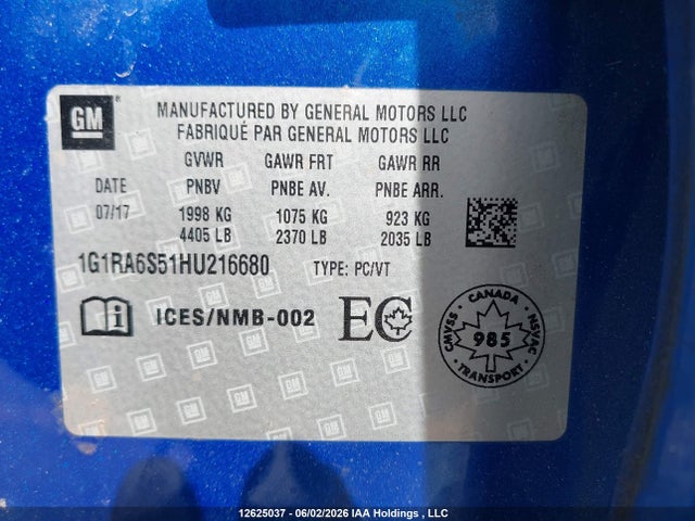 2017 Chevrolet Volt Lt მანქანა იყიდება აუქციონზე, vin: 1G1RA6S51HU216680, აუქციონის ნომერი: 12625037