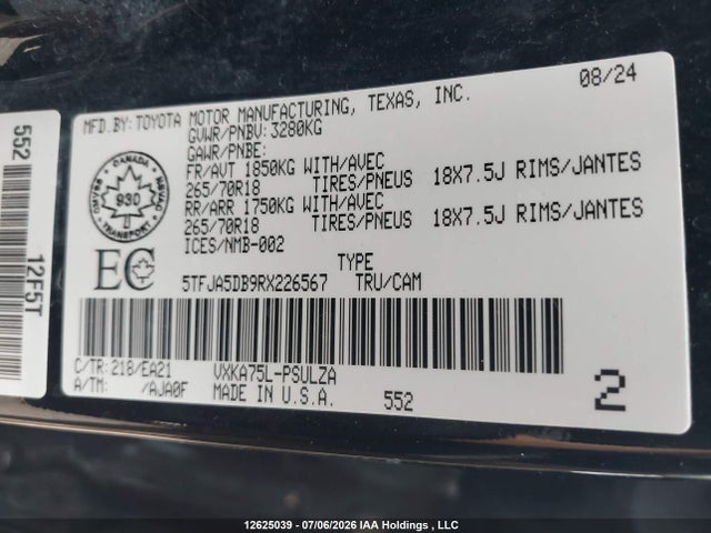 2024 Toyota Tundra Limited 4x4 მანქანა იყიდება აუქციონზე, vin: 5TFJA5DB9RX226567, აუქციონის ნომერი: 12625039