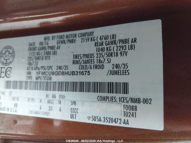 1FMCU9GD8HUB31675 Ford ESCAPE SE