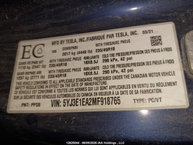 Aukcja sprzedaży 2021 Tesla Model 3, vin: 5YJ3E1EA2MF918765, numer aukcji: 12625044