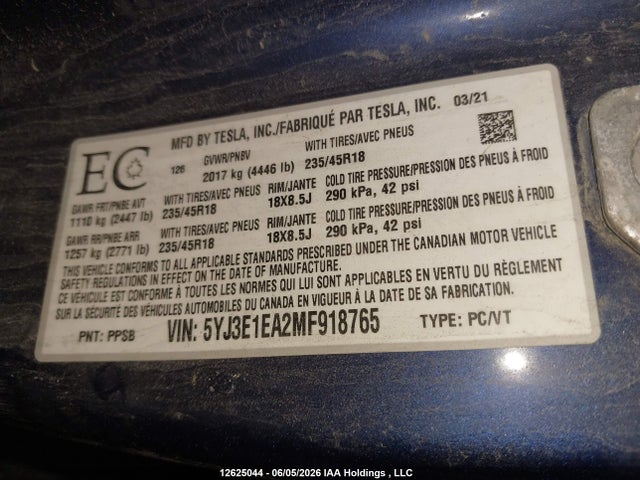 Aukcja sprzedaży 2021 Tesla Model 3, vin: 5YJ3E1EA2MF918765, numer aukcji: 12625044