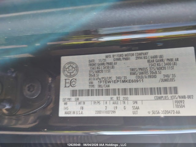 Продажа на аукционе авто 2021 Ford F-150 Xlt, vin: 1FTEW1EP1MKE60911, номер лота: 12625048