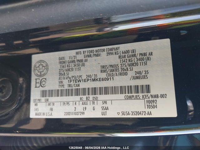 Продажа на аукционе авто 2021 Ford F-150 Xlt, vin: 1FTEW1EP1MKE60911, номер лота: 12625048