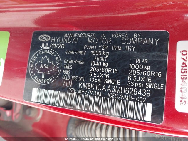 Продаж на аукціоні авто 2021 Hyundai Kona Se, vin: KM8K1CAA3MU626439, номер лоту: 12625060