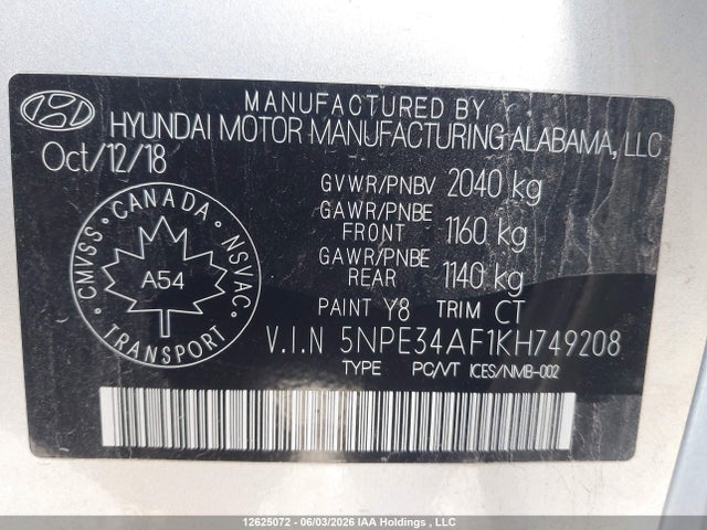 2019 Hyundai Sonata Limited/sel/sport მანქანა იყიდება აუქციონზე, vin: 5NPE34AF1KH749208, აუქციონის ნომერი: 12625072