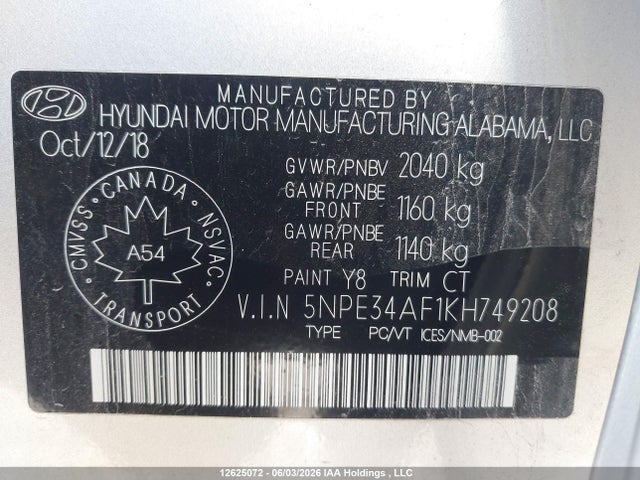 2019 Hyundai Sonata Limited/sel/sport მანქანა იყიდება აუქციონზე, vin: 5NPE34AF1KH749208, აუქციონის ნომერი: 12625072