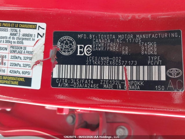 12625075 :رقم المزاد ، 2T1KR32EX6C577173 vin ، 2006 Toyota Corolla Matrix Xr مزاد بيع