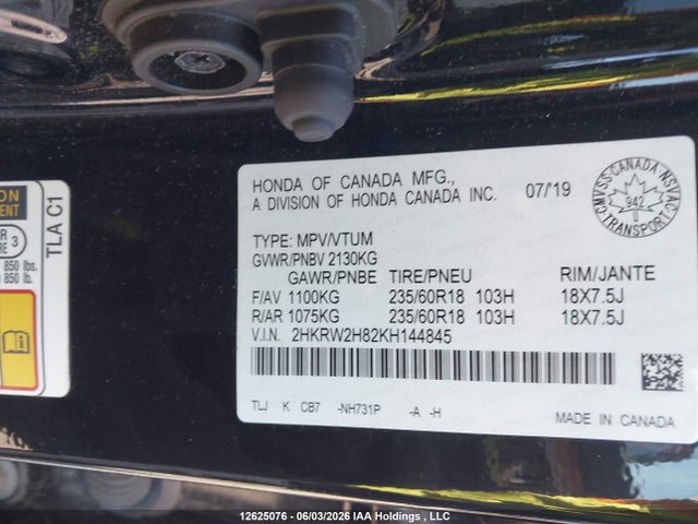12625076 :رقم المزاد ، 2HKRW2H82KH144845 vin ، 2019 Honda Cr-v Exl مزاد بيع