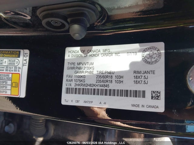 12625076 :رقم المزاد ، 2HKRW2H82KH144845 vin ، 2019 Honda Cr-v Exl مزاد بيع