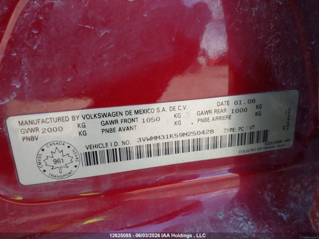 12625085 :رقم المزاد ، 3VWMM31K59M250428 vin ، 2009 Volkswagen Jetta 2.5l Comfortline مزاد بيع