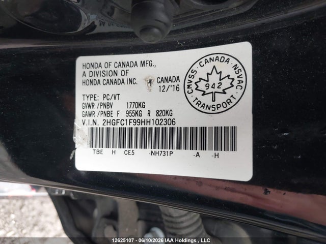 Aukcja sprzedaży 2017 Honda Civic Touring, vin: 2HGFC1F99HH102306, numer aukcji: 12625107