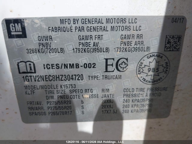 Auction sale of the 2017 Gmc Sierra 1500 Slt, vin: 1GTV2NEC8HZ304720, lot number: 12625116