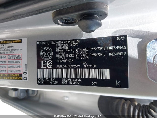 2021 Toyota 4runner Sr5/sr5 Premium/venture/trail/limited Night Shade/trd Off Road/trd Off Road Premium/trd Pro მანქანა იყიდება აუქციონზე, vin: JTENU5JR7M5942989, აუქციონის ნომერი: 12625120