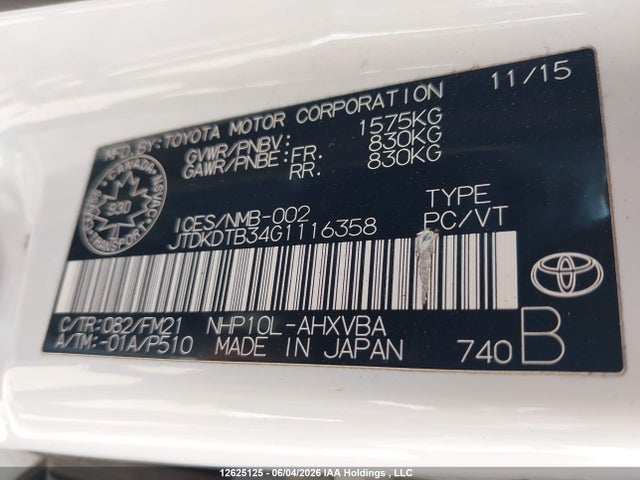 12625125 :رقم المزاد ، JTDKDTB34G1116358 vin ، 2016 Toyota Prius C مزاد بيع