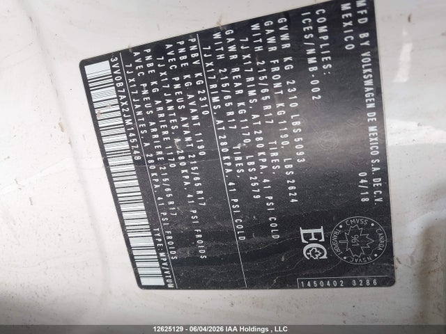 12625129 :رقم المزاد ، 3VV0B7AX2JM145748 vin ، 2018 Volkswagen Tiguan S مزاد بيع