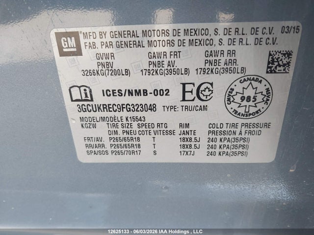 Aukcja sprzedaży 2015 Chevrolet Silverado K1500 Lt, vin: 3GCUKREC9FG323048, numer aukcji: 12625133