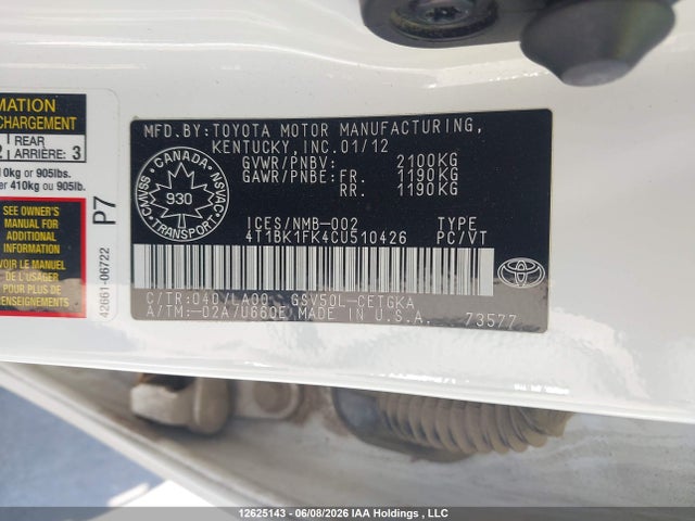 2012 Toyota Camry მანქანა იყიდება აუქციონზე, vin: 4T1BK1FK4CU510426, აუქციონის ნომერი: 12625143
