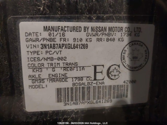 Продаж на аукціоні авто 2016 Nissan Sentra S/sv/sr/sl, vin: 3N1AB7APXGL641269, номер лоту: 12625156