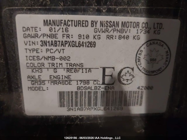 Продаж на аукціоні авто 2016 Nissan Sentra S/sv/sr/sl, vin: 3N1AB7APXGL641269, номер лоту: 12625156