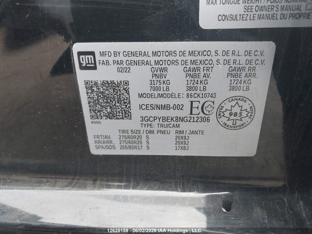 Aukcja sprzedaży 2022 Chevrolet Silverado Ltd K1500 Custom, vin: 3GCPYBEK8NG212306, numer aukcji: 12625159