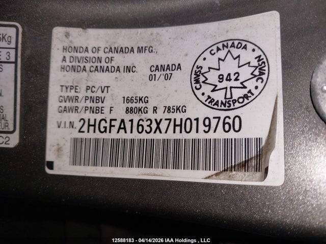 Продаж на аукціоні авто 2007 Honda Civic Dx-g, vin: 2HGFA163X7H019760, номер лоту: 12588183
