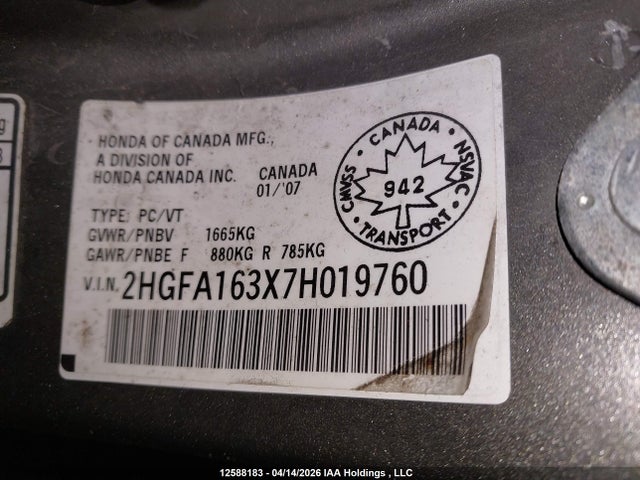 Продаж на аукціоні авто 2007 Honda Civic Dx-g, vin: 2HGFA163X7H019760, номер лоту: 12588183