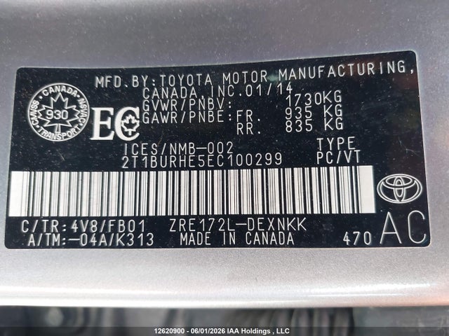12620900 :رقم المزاد ، 2T1BURHE5EC100299 vin ، 2014 Toyota Corolla Le مزاد بيع