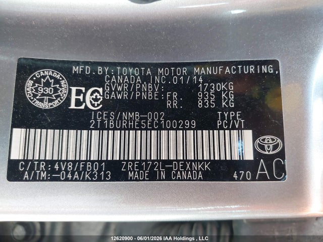 12620900 :رقم المزاد ، 2T1BURHE5EC100299 vin ، 2014 Toyota Corolla Le مزاد بيع
