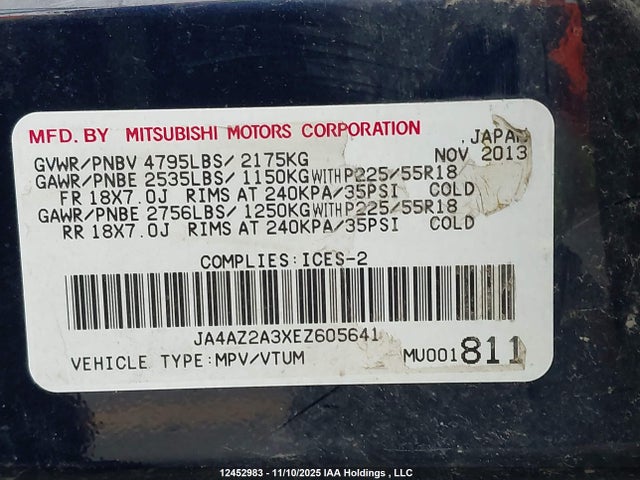 Продаж на аукціоні авто 2014 Mitsubishi Outlander Es, vin: JA4AZ2A3XEZ605641, номер лоту: 12452983