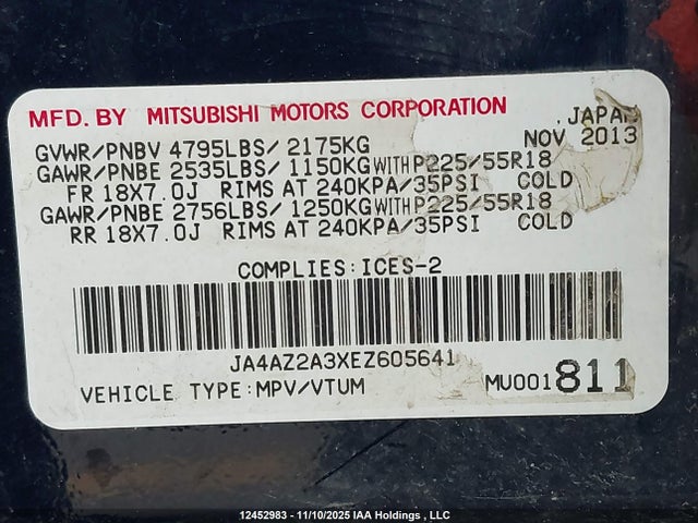 Продаж на аукціоні авто 2014 Mitsubishi Outlander Es, vin: JA4AZ2A3XEZ605641, номер лоту: 12452983