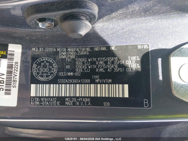 12625191 :رقم المزاد ، 5TDZA29C66S412068 vin ، 2006 Toyota Sienna Ce مزاد بيع