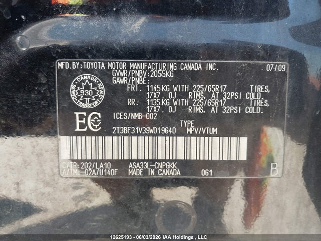 2009 Toyota Rav4 Limited მანქანა იყიდება აუქციონზე, vin: 2T3BF31V39W019640, აუქციონის ნომერი: 12625193