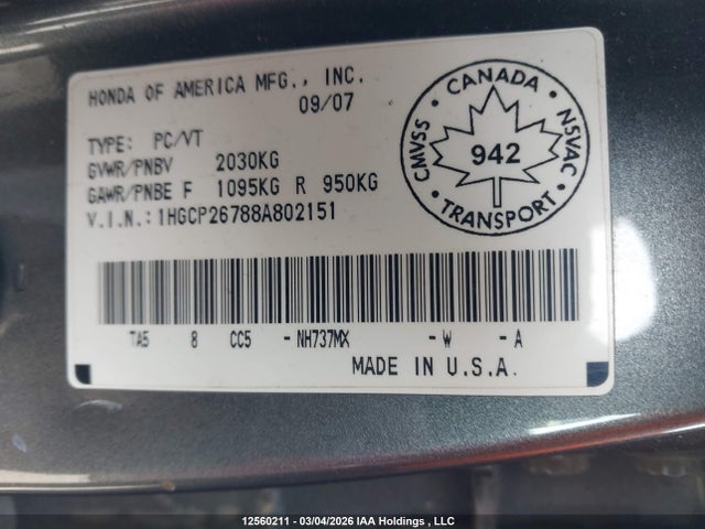 Продаж на аукціоні авто 2008 Honda Accord Ex, vin: 1HGCP26788A802151, номер лоту: 12560211