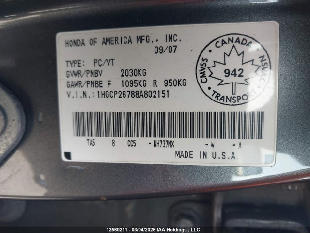 Продаж на аукціоні авто 2008 Honda Accord Ex, vin: 1HGCP26788A802151, номер лоту: 12560211