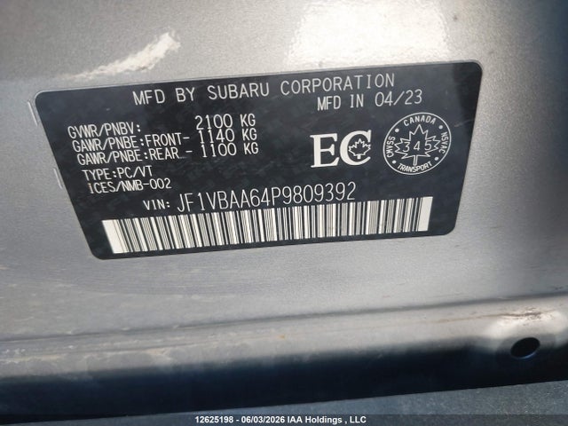 Aukcja sprzedaży 2023 Subaru Wrx, vin: JF1VBAA64P9809392, numer aukcji: 12625198