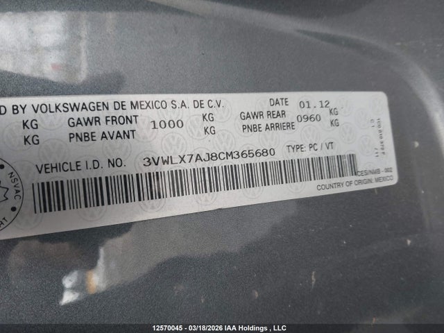 Aukcja sprzedaży 2012 Volkswagen Jetta 2.5l Highline, vin: 3VWLX7AJ8CM365680, numer aukcji: 12570045