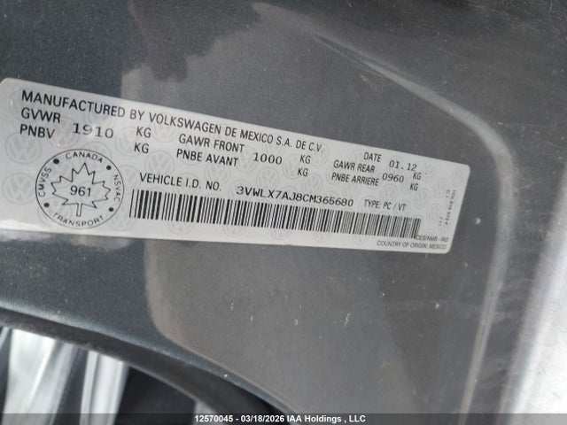 Aukcja sprzedaży 2012 Volkswagen Jetta 2.5l Highline, vin: 3VWLX7AJ8CM365680, numer aukcji: 12570045