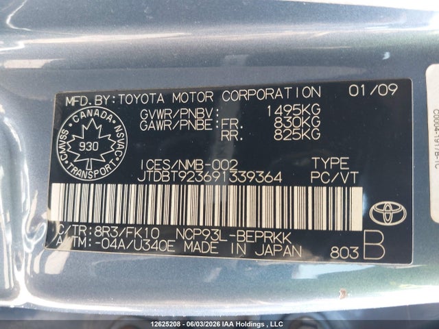 2009 Toyota Yaris მანქანა იყიდება აუქციონზე, vin: JTDBT923691339364, აუქციონის ნომერი: 12625208