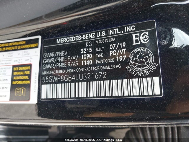 12625209 :رقم المزاد ، 55SWF8GB4LU321672 vin ، 2020 Mercedes-benz C 63 Amg مزاد بيع