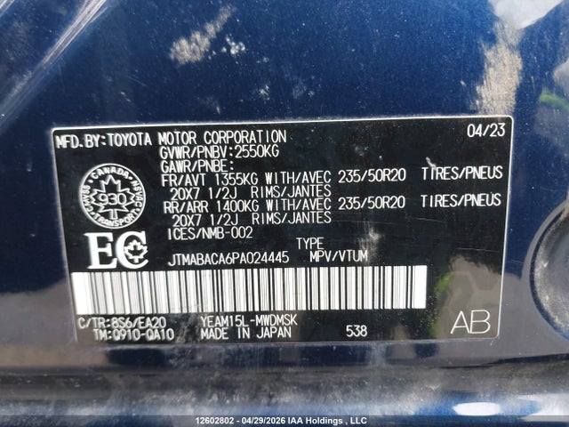 Aukcja sprzedaży 2023 Toyota Bz4x Xle, vin: JTMABACA6PA024445, numer aukcji: 12602802