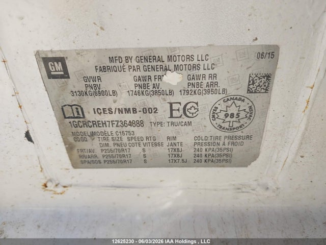 12625230 :رقم المزاد ، 1GCRCREH7FZ364888 vin ، 2015 Chevrolet Silverado 1500 1lt مزاد بيع