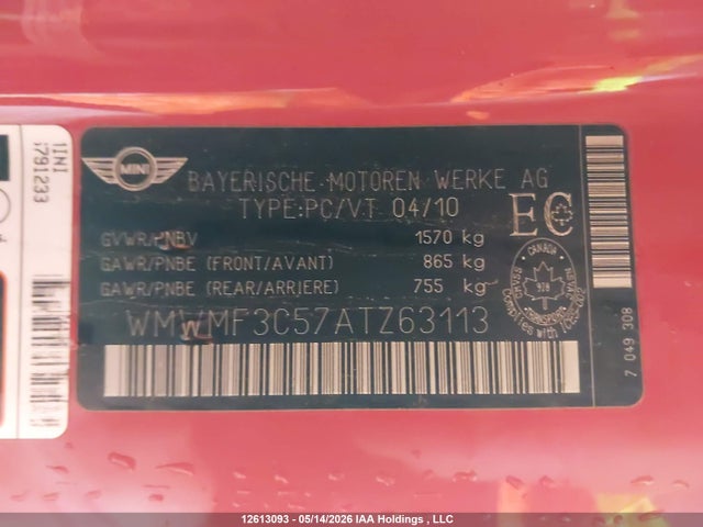 12613093 :رقم المزاد ، WMWMF3C57ATZ63113 vin ، 2010 Mini Cooper Classic مزاد بيع