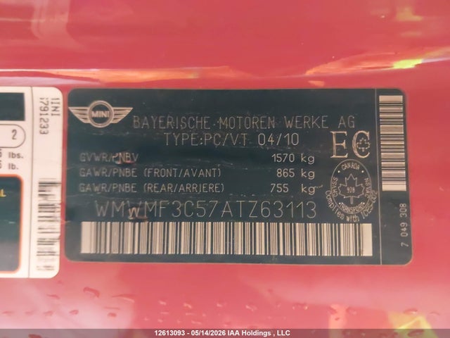 12613093 :رقم المزاد ، WMWMF3C57ATZ63113 vin ، 2010 Mini Cooper Classic مزاد بيع