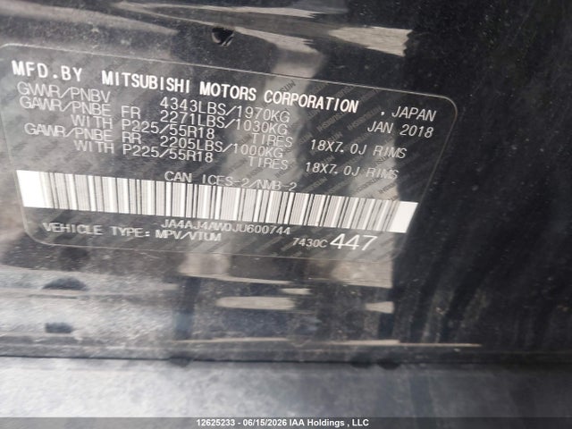 Aukcja sprzedaży 2018 Mitsubishi Rvr Se Limited/gt, vin: JA4AJ4AW0JU600744, numer aukcji: 12625233